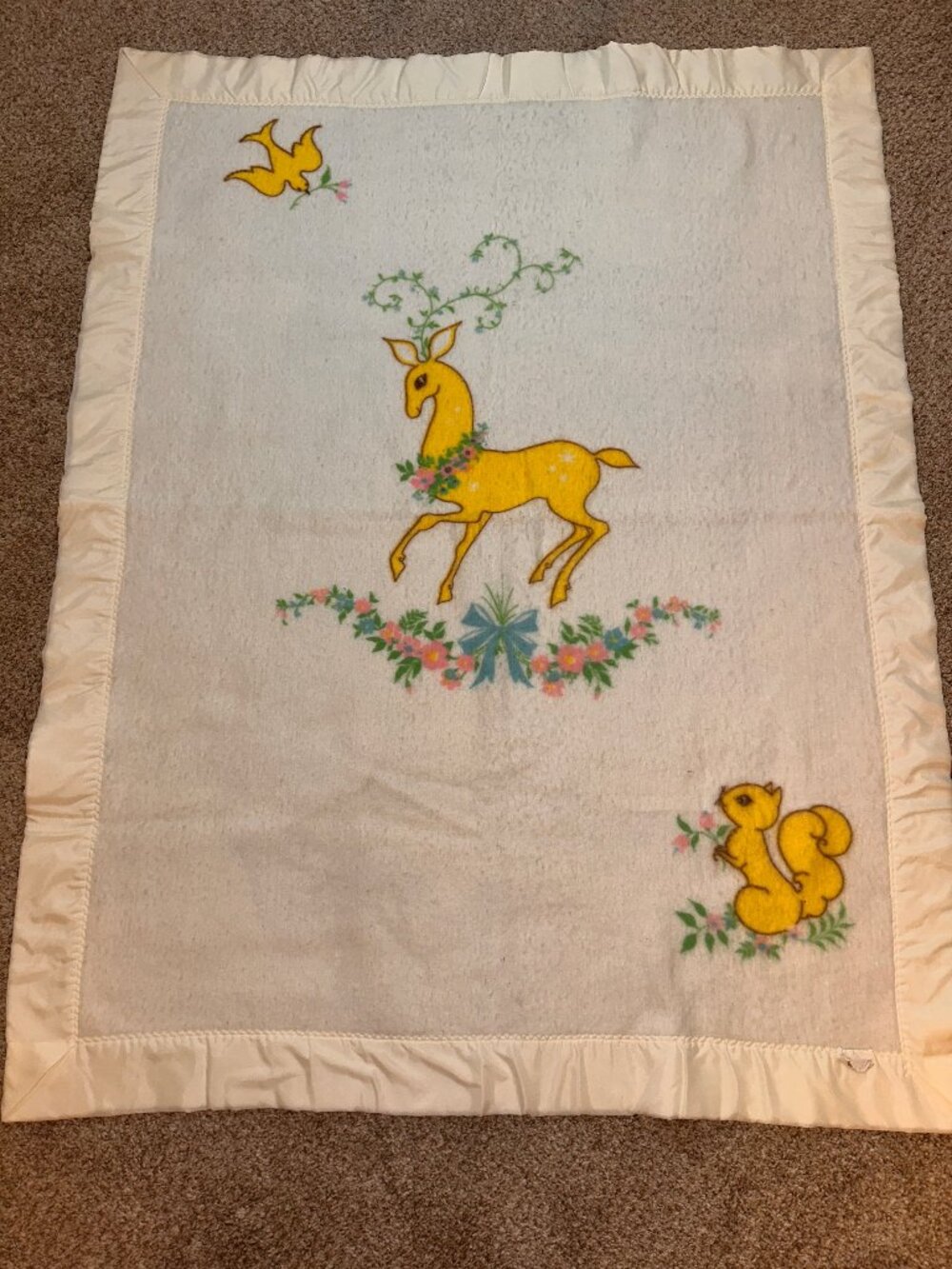 VTG 60s Deer Bird Squirrel Flowers Baby Blanket Penney's Toddletime SATIN TRIM